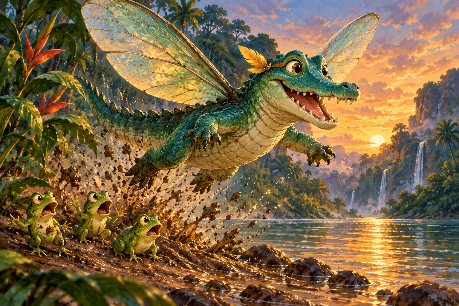 Milo takes flight on translucent wings while three frogs react to a splash of mud.