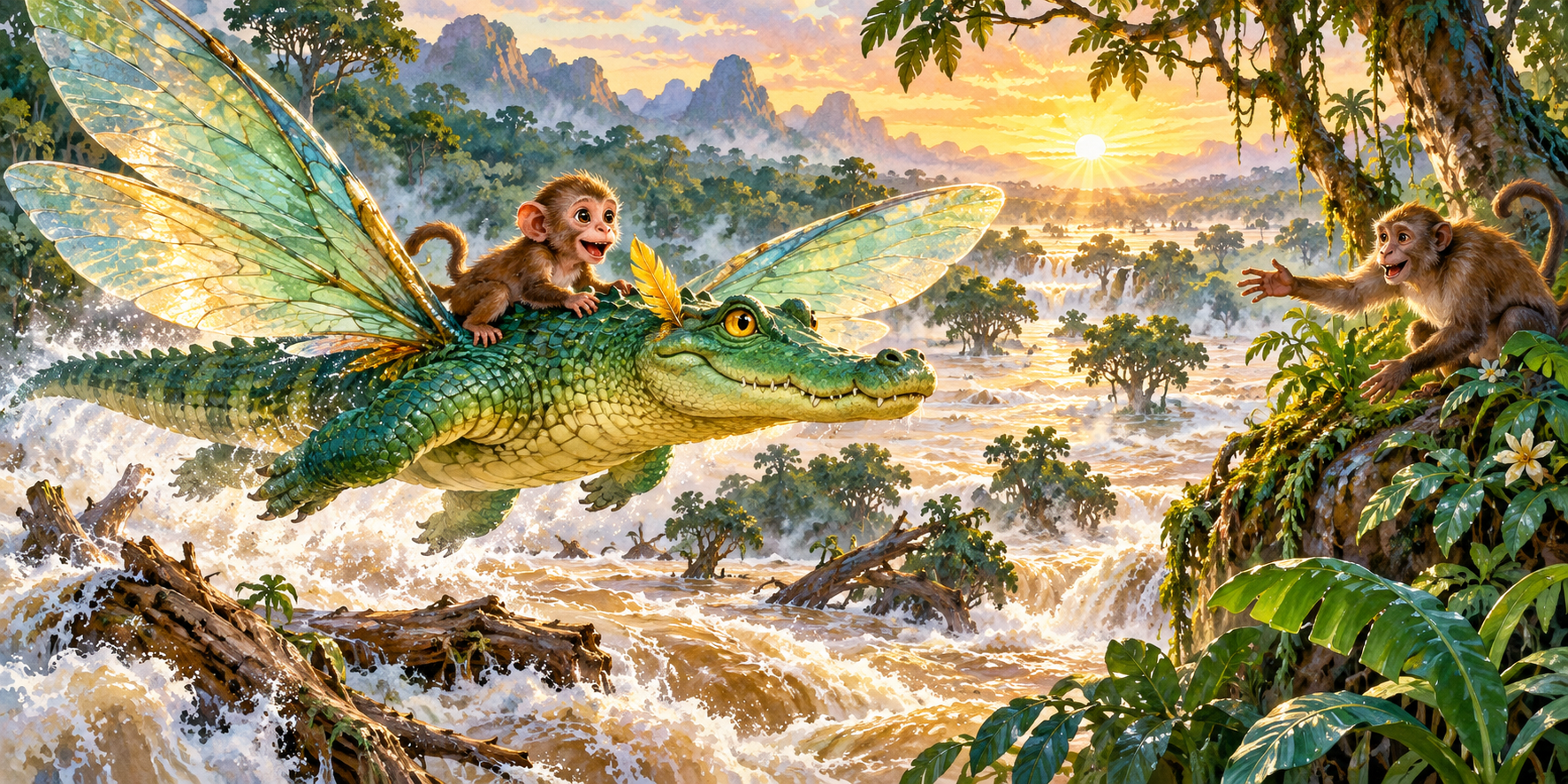 The flying crocodile carries a young monkey across floodwater toward her mother.
